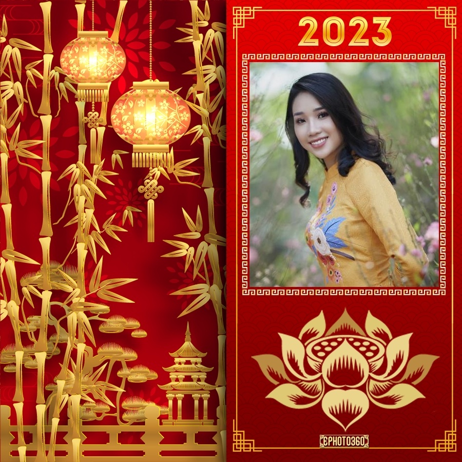 Ghép ảnh vào khung ảnh đón tết 2023 với hoa đào và đèn lồng đẹp