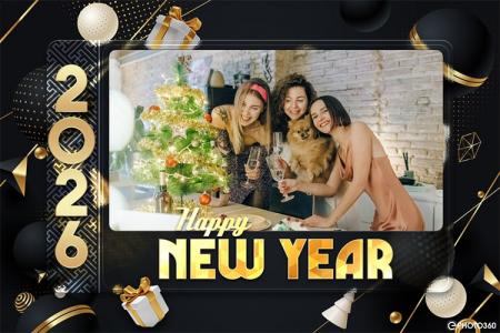 Mẫu khung ảnh năm mới 2026 sang trọng với tông đen vàng hiện đại