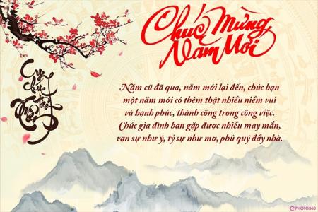 Tạo thiệp Tết 2026 - Hoa đào và Trống đồng