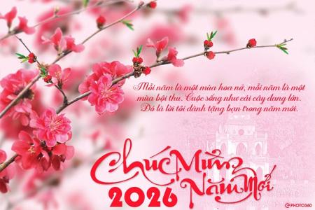Thiệp hoa đào chúc mừng năm mới 2026